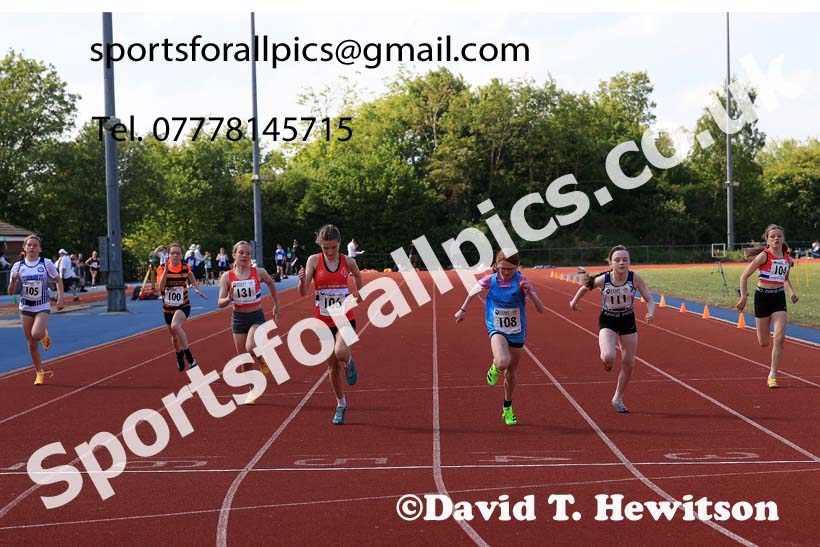 Girls under-13s 100 metres, 2025 North Eastern Track and Field Champs., Shildon, County Durham. Photo: David T. Hewitson/Sports for All Pics